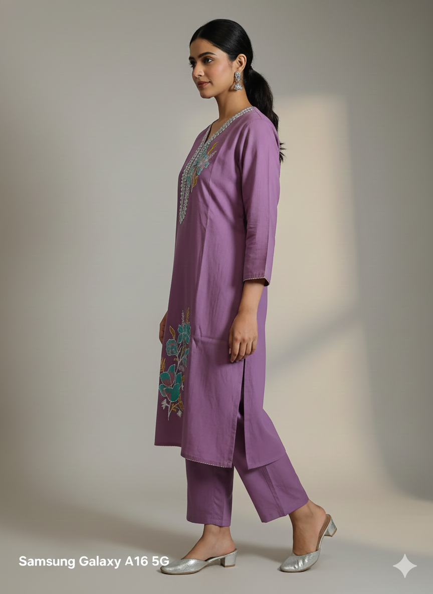 Lavender Embroidered Long Cord Set for Women | Elegant Floral Work Co-Ord Set