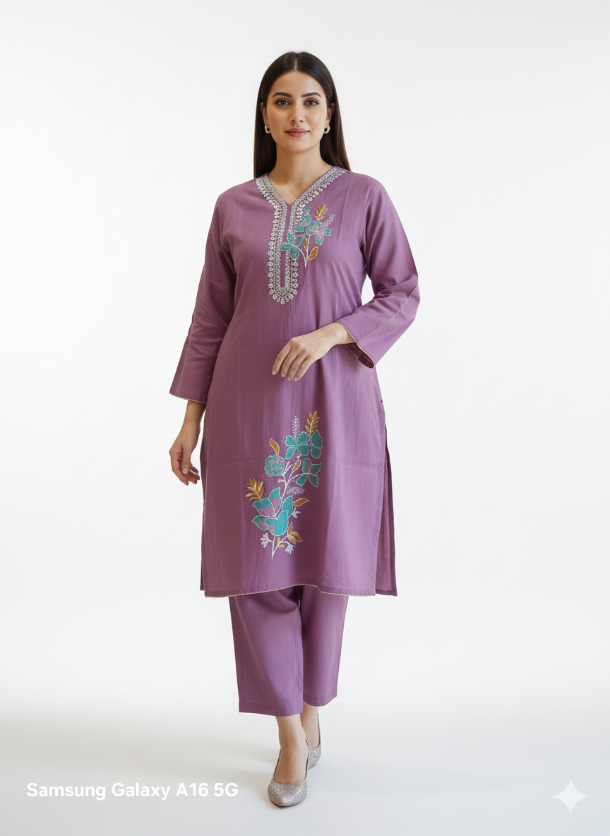 Lavender Embroidered Long Cord Set for Women | Elegant Floral Work Co-Ord Set