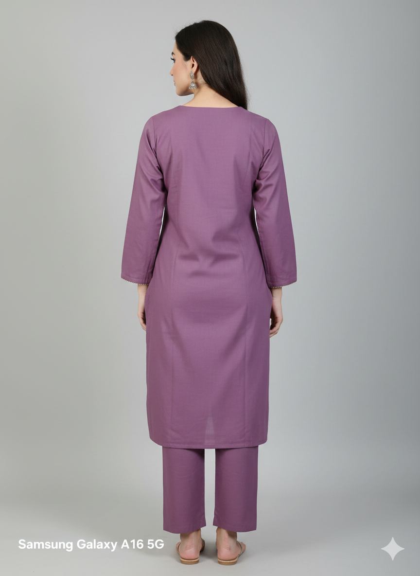 Lavender Embroidered Long Cord Set for Women | Elegant Floral Work Co-Ord Set