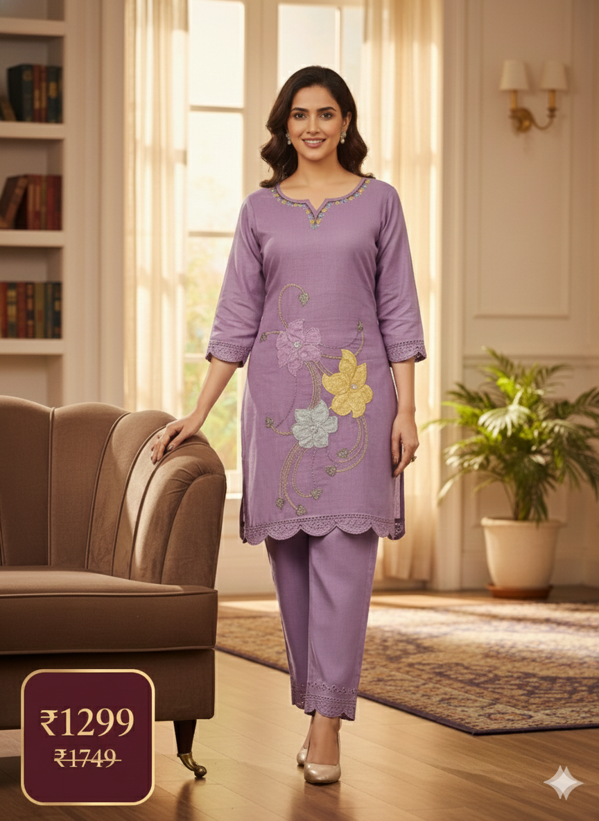 Lavender Floral Embroidered Long Cord Set for Women – Elegant Pastel Co-ord Outfit