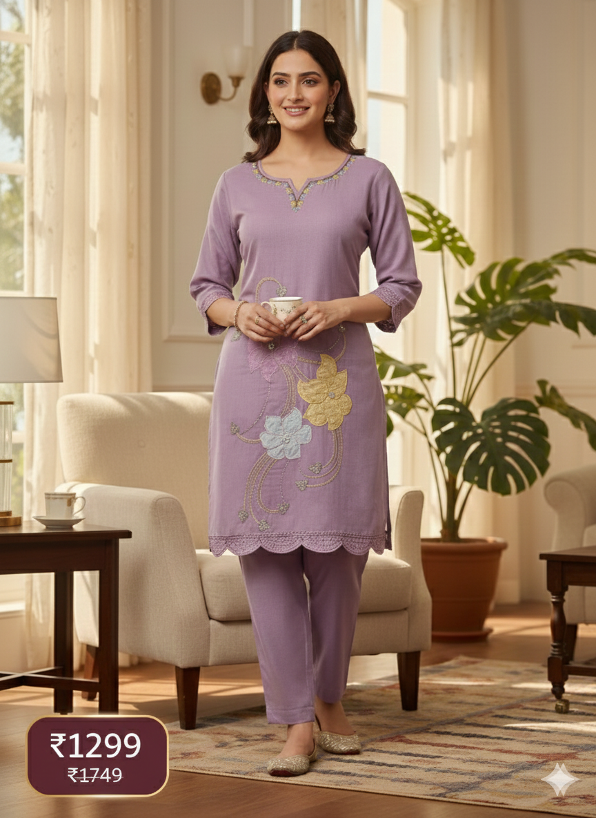 Lavender Floral Embroidered Long Cord Set for Women – Elegant Pastel Co-ord Outfit