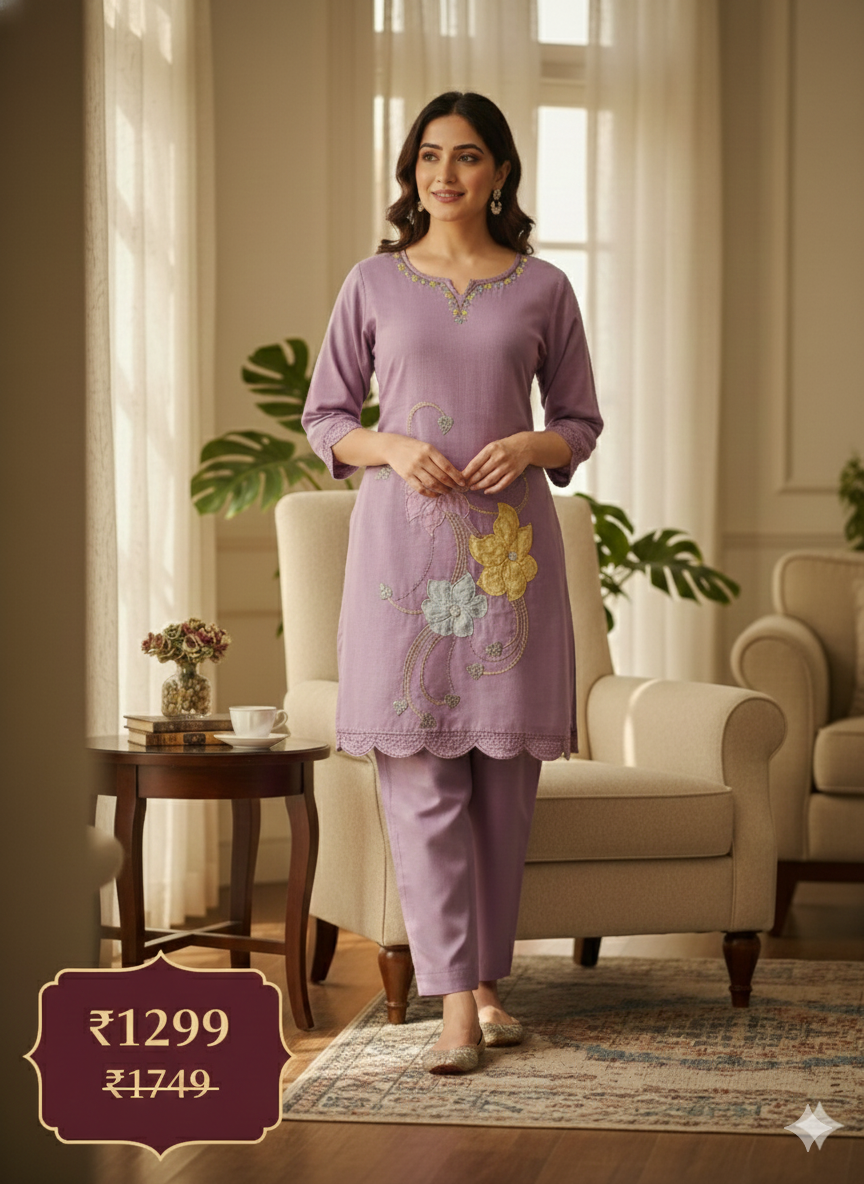 Lavender Floral Embroidered Long Cord Set for Women – Elegant Pastel Co-ord Outfit