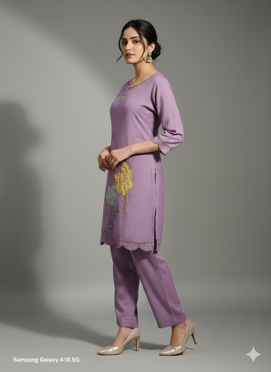 Lavender Floral Embroidered Long Cord Set for Women – Elegant Pastel Co-ord Outfit