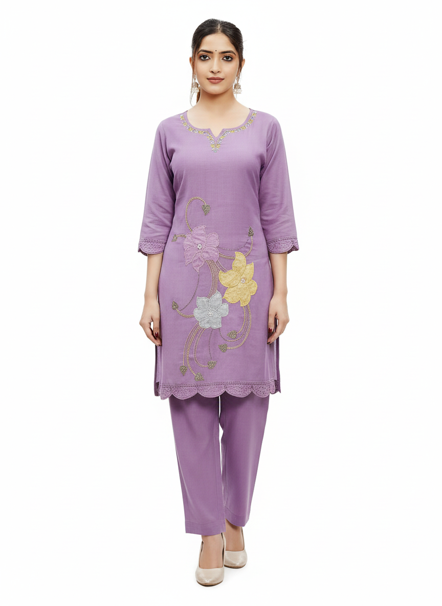Lavender Floral Embroidered Long Cord Set for Women – Elegant Pastel Co-ord Outfit