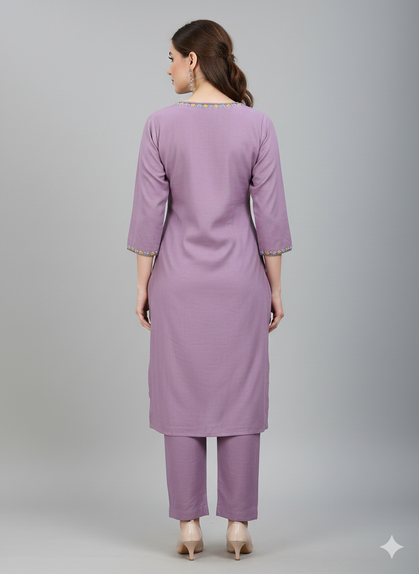 Lavender Floral Embroidered Long Cord Set for Women – Elegant Pastel Co-ord Outfit