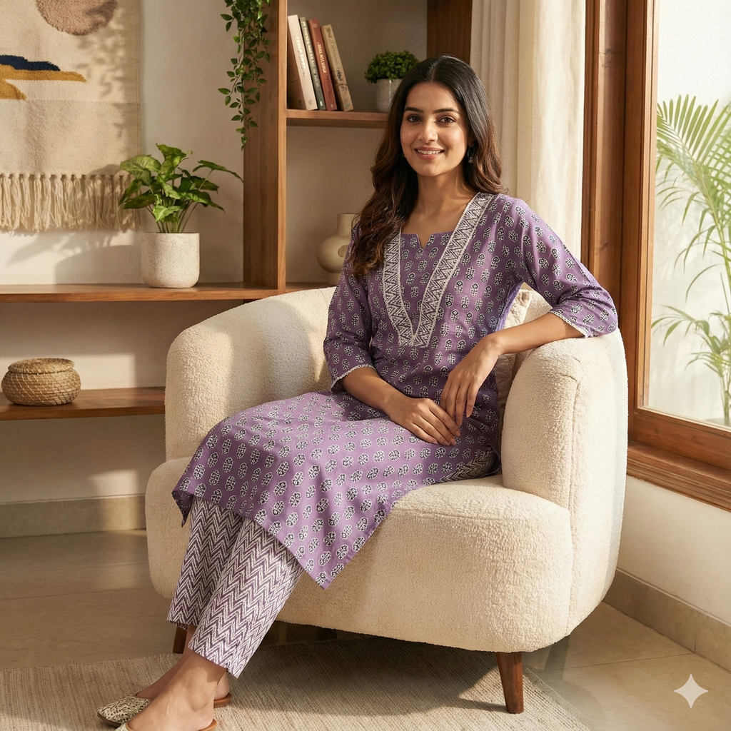 Lavender Printed Cotton Kurta & Pant Set for Women – Elegant Daily Wear 2-Piece Suit