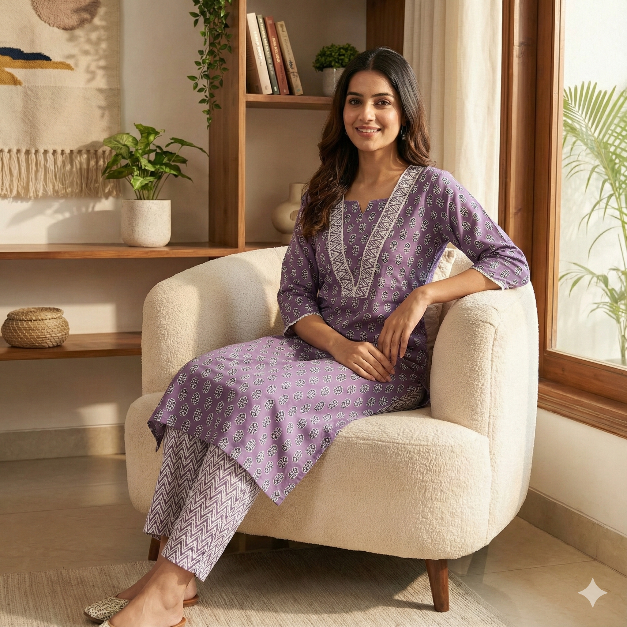 Lavender Printed Cotton Kurta & Pant Set for Women – Elegant Daily Wear 2-Piece Suit