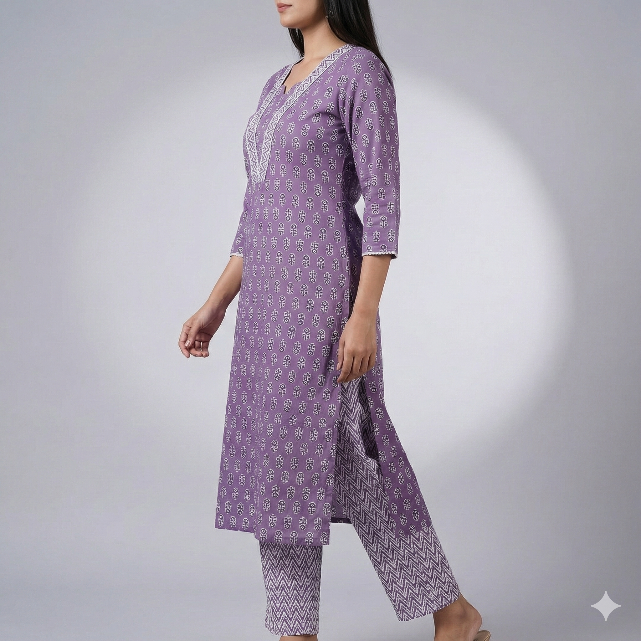 Lavender Printed Cotton Kurta & Pant Set for Women – Elegant Daily Wear 2-Piece Suit
