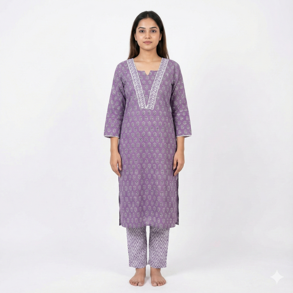 Lavender Printed Cotton Kurta & Pant Set for Women – Elegant Daily Wear 2-Piece Suit