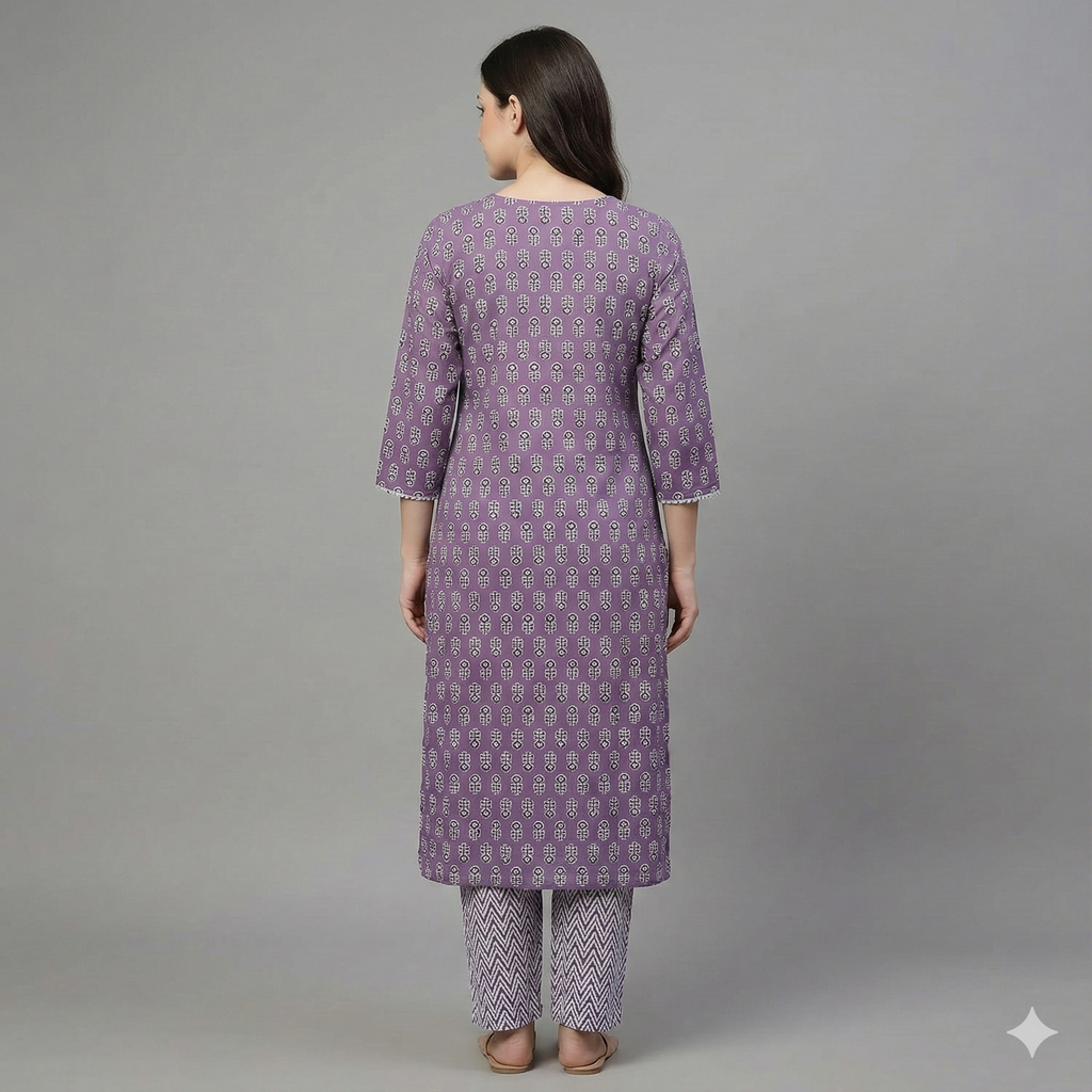Lavender Printed Cotton Kurta & Pant Set for Women – Elegant Daily Wear 2-Piece Suit