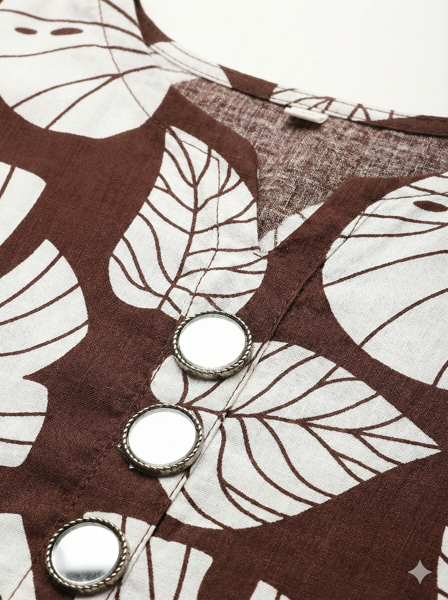 Brown Leaf-Print Straight Kurti with Handcrafted Mirror Work – Elegant Daily Wear for Women