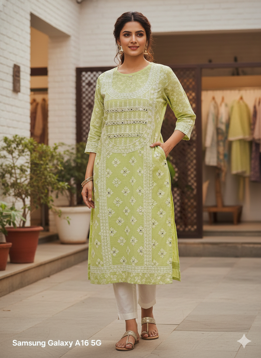 Pastel Light-Green Threadwork & Mirror-Work Cotton Kurti for Women | Elegant Daily Wear Straight Kurti