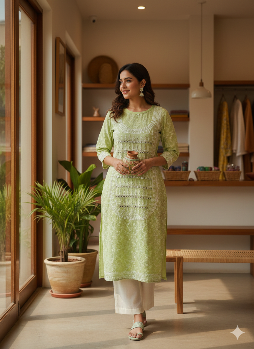 Pastel Light-Green Threadwork & Mirror-Work Cotton Kurti for Women | Elegant Daily Wear Straight Kurti