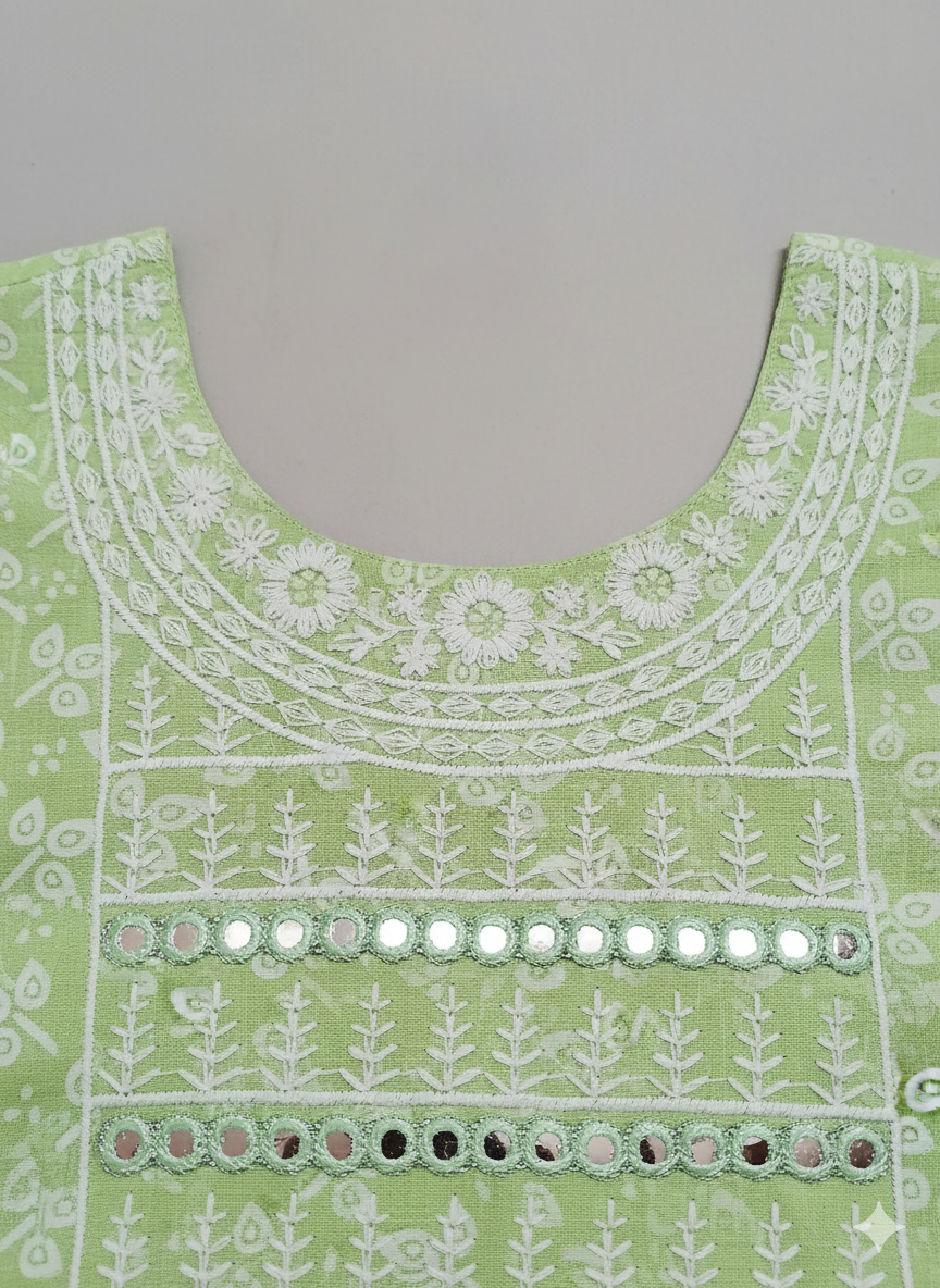 Pastel Light-Green Threadwork & Mirror-Work Cotton Kurti for Women | Elegant Daily Wear Straight Kurti