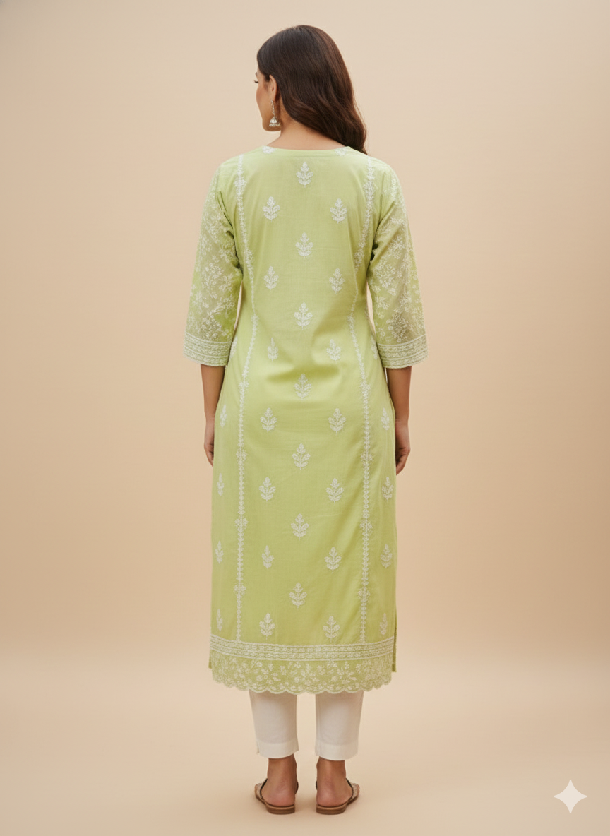 Pastel Light-Green Threadwork & Mirror-Work Cotton Kurti for Women | Elegant Daily Wear Straight Kurti