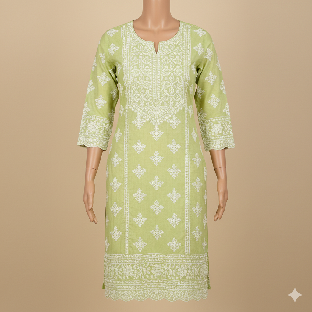 Pastel Light-Green Threadwork & Mirror-Work Cotton Kurti for Women | Elegant Daily Wear Straight Kurti