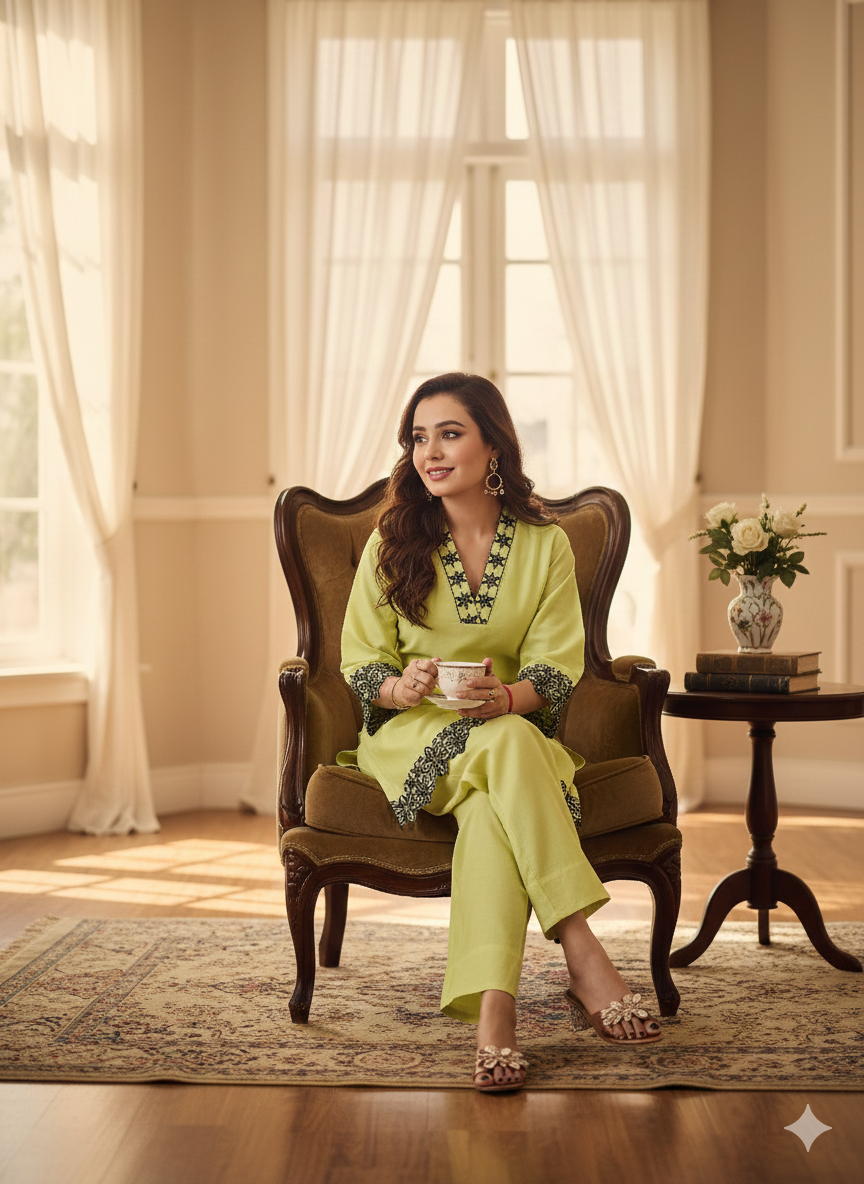 Soft Lime Green Long Coord Set with Black Floral Lace Detailing | Elegant Daily & Office Wear Combo
