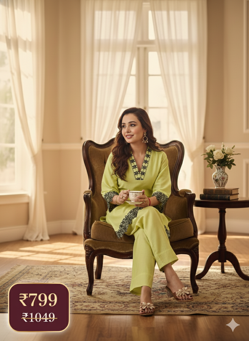 Soft Lime Green Long Coord Set with Black Floral Lace Detailing | Elegant Daily & Office Wear Combo