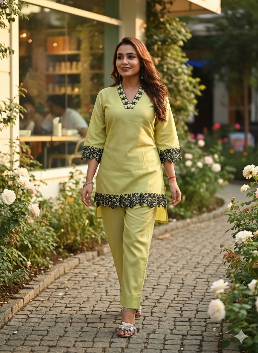 Soft Lime Green Long Coord Set with Black Floral Lace Detailing | Elegant Daily & Office Wear Combo