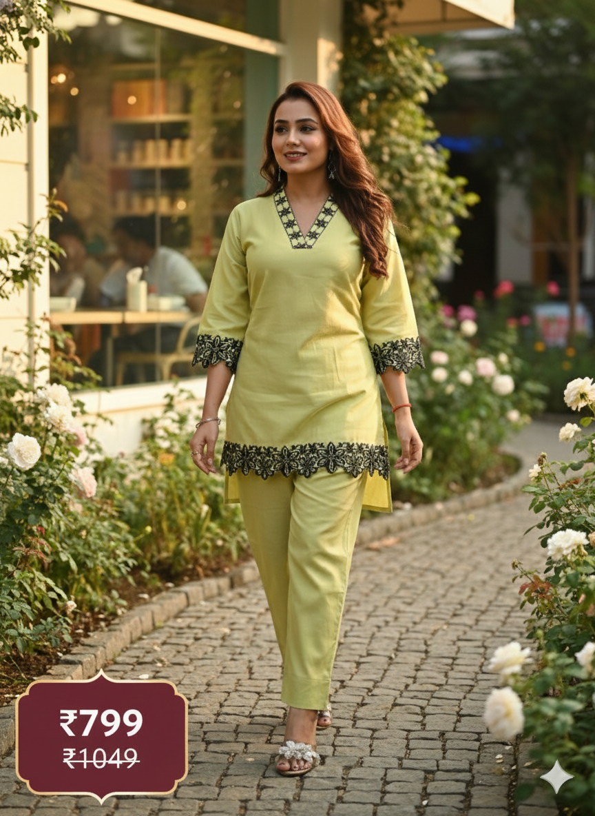 Soft Lime Green Long Coord Set with Black Floral Lace Detailing | Elegant Daily & Office Wear Combo