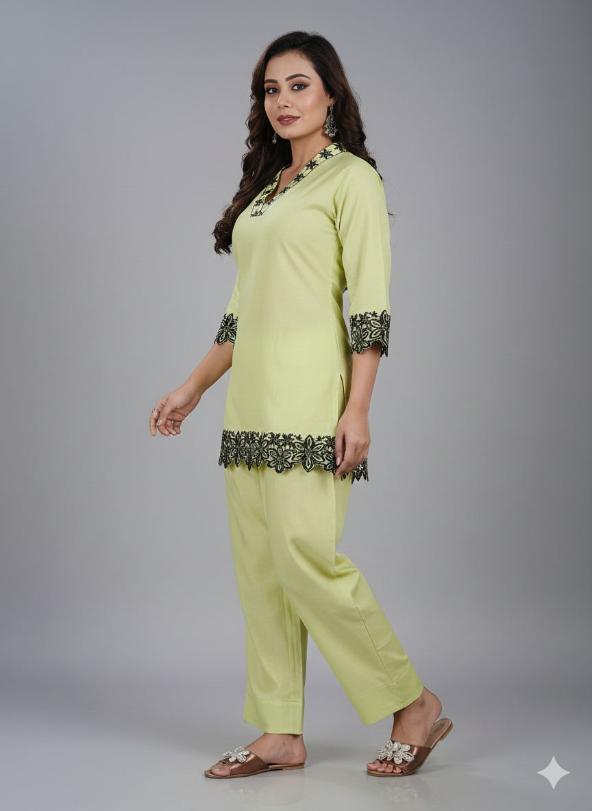 Soft Lime Green Long Coord Set with Black Floral Lace Detailing | Elegant Daily & Office Wear Combo