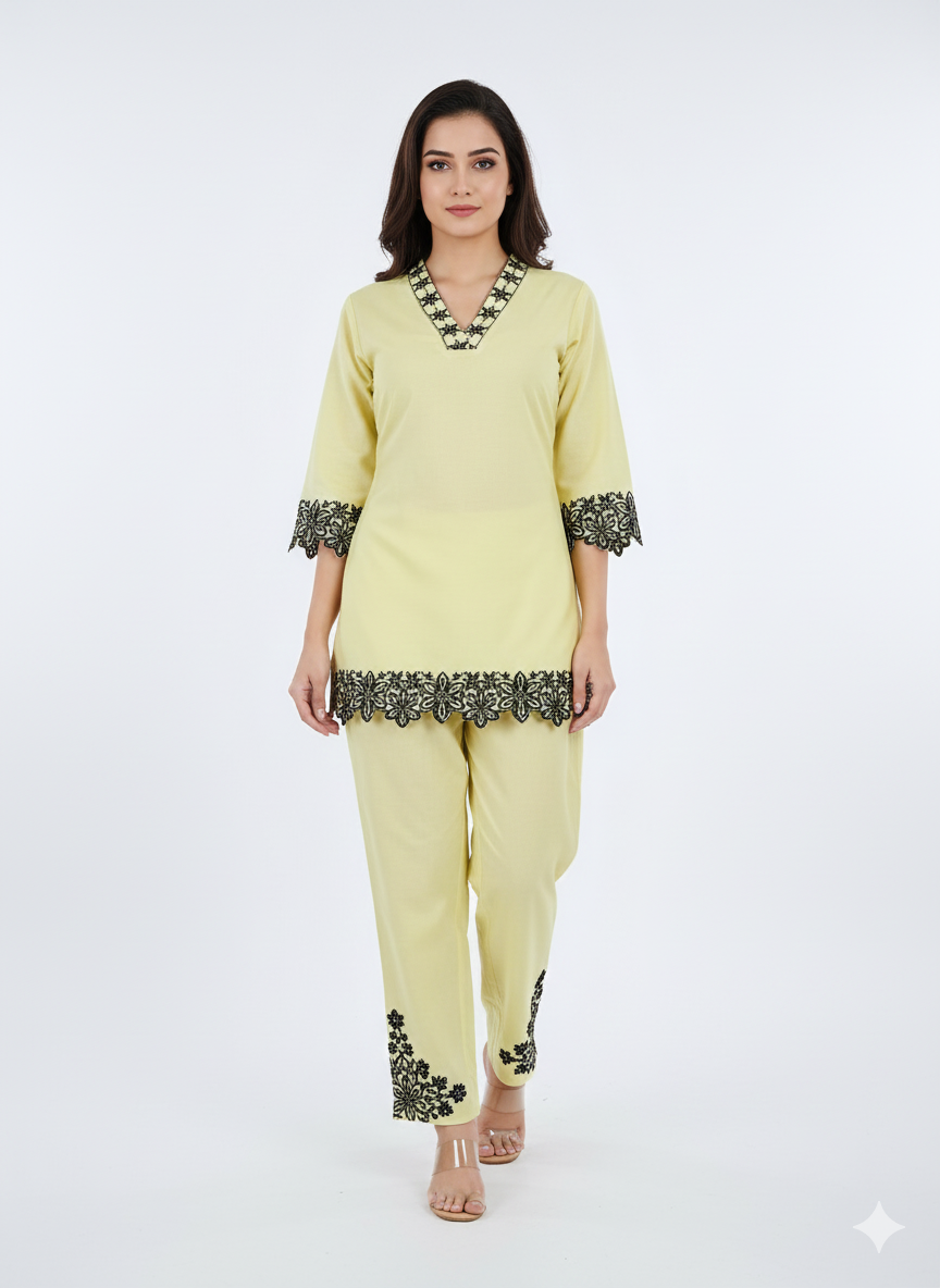 Soft Lime Green Long Coord Set with Black Floral Lace Detailing | Elegant Daily & Office Wear Combo