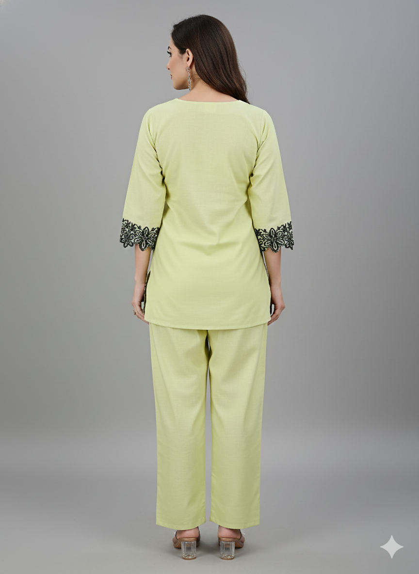 Soft Lime Green Long Coord Set with Black Floral Lace Detailing | Elegant Daily & Office Wear Combo