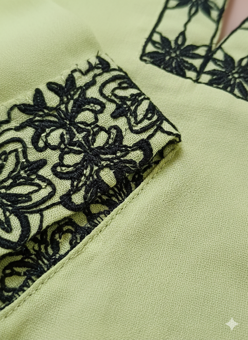 Soft Lime Green Long Coord Set with Black Floral Lace Detailing | Elegant Daily & Office Wear Combo