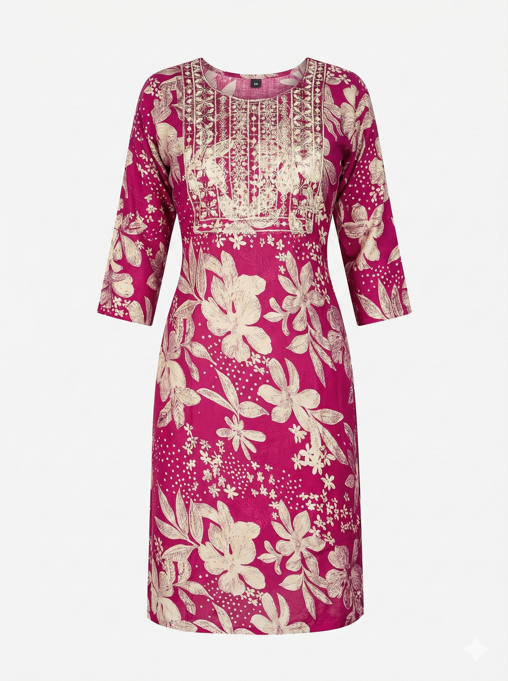 Magenta Floral Print Straight Kurti for Women – 3/4 Sleeve Casual Ethnic Wear