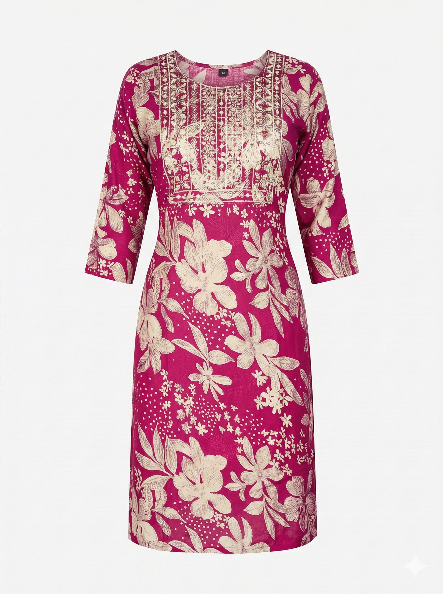 Magenta Floral Print Straight Kurti for Women – 3/4 Sleeve Casual Ethnic Wear