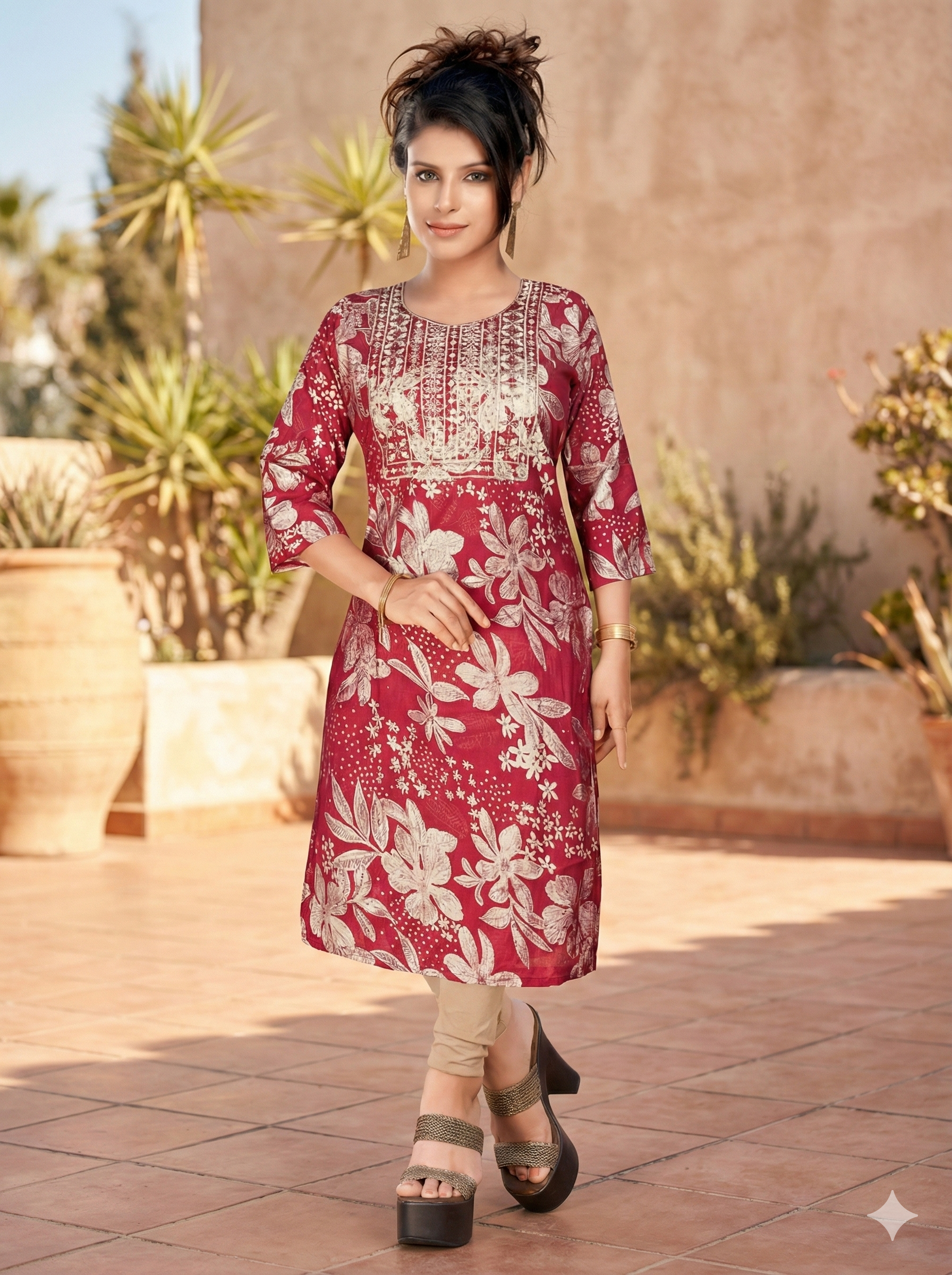 Magenta Floral Print Straight Kurti for Women – 3/4 Sleeve Casual Ethnic Wear
