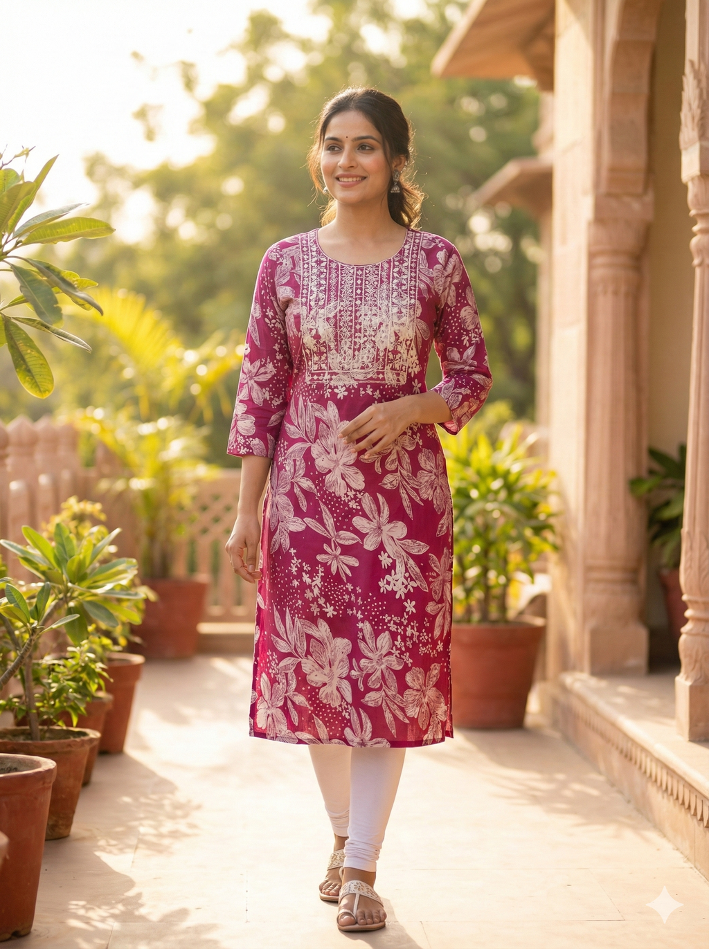 Magenta Floral Print Straight Kurti for Women – 3/4 Sleeve Casual Ethnic Wear