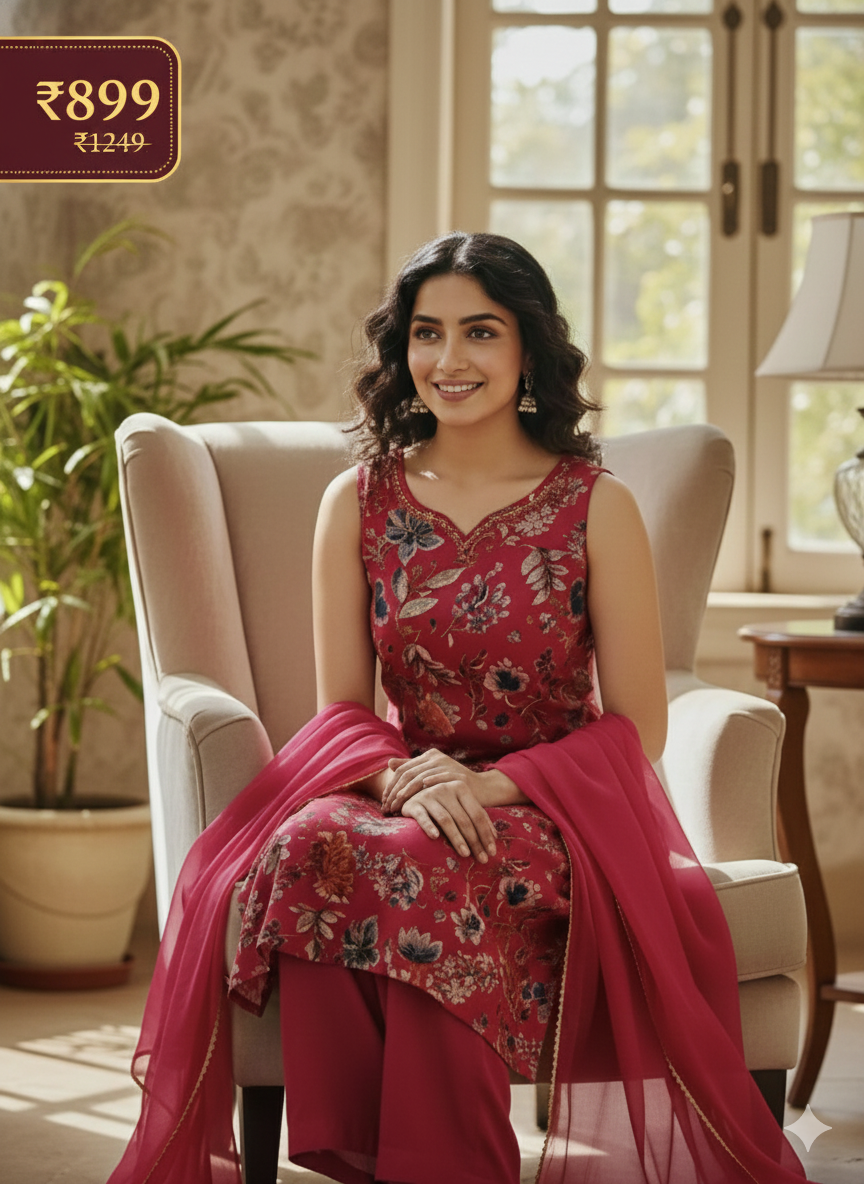 Magenta Floral Sleeveless Kurta Pant Set for Women – Elegant Party & Festive Wear Suit