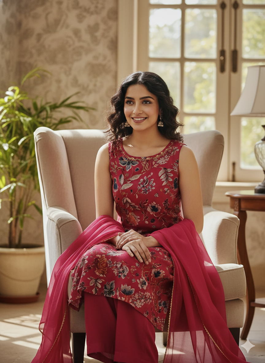 Magenta Floral Sleeveless Kurta Pant Set for Women – Elegant Party & Festive Wear Suit