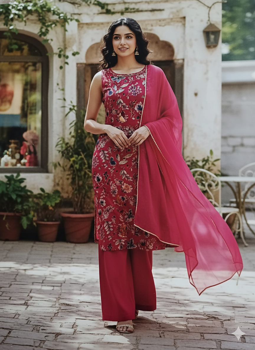 Magenta Floral Sleeveless Kurta Pant Set for Women – Elegant Party & Festive Wear Suit