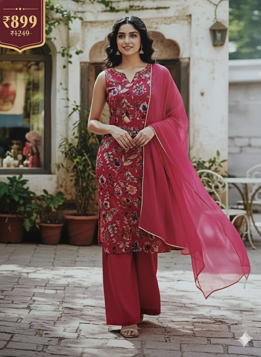 Magenta Floral Sleeveless Kurta Pant Set for Women – Elegant Party & Festive Wear Suit