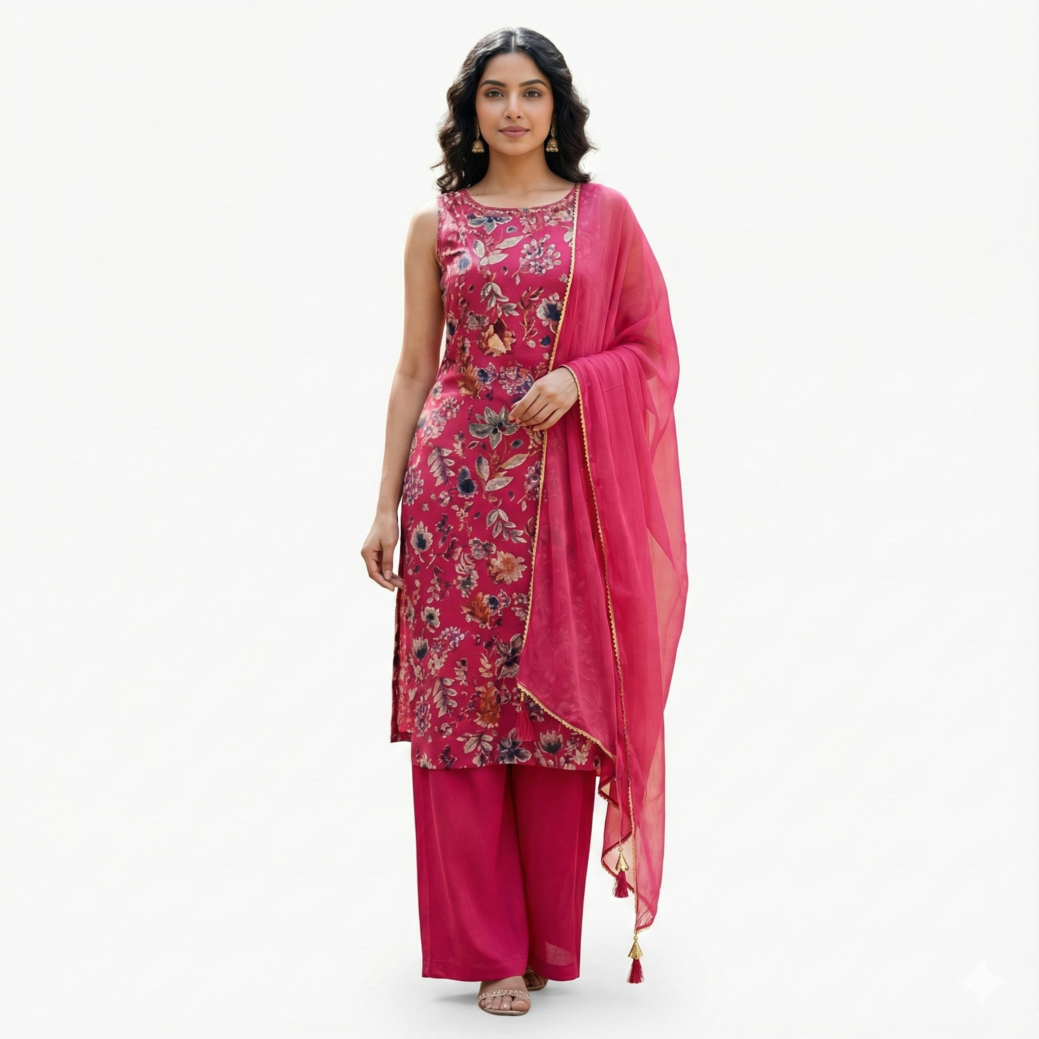 Magenta Floral Sleeveless Kurta Pant Set for Women – Elegant Party & Festive Wear Suit