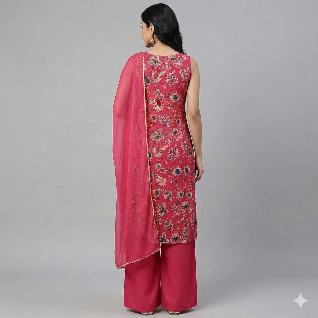 Magenta Floral Sleeveless Kurta Pant Set for Women – Elegant Party & Festive Wear Suit