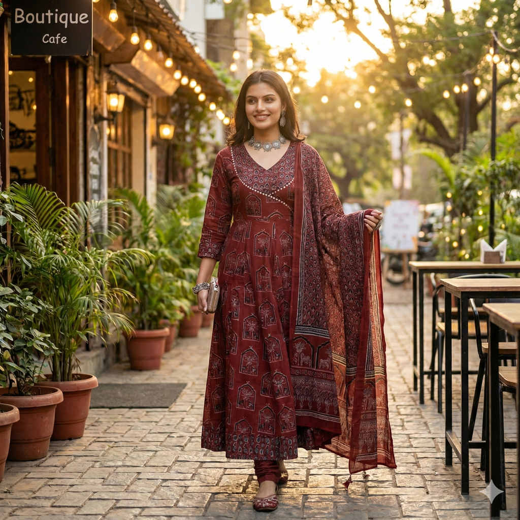 Maroon Block Print Anarkali Kurta Pant Dupatta Set for Women | Premium Cotton 3-Piece Ethnic Suit