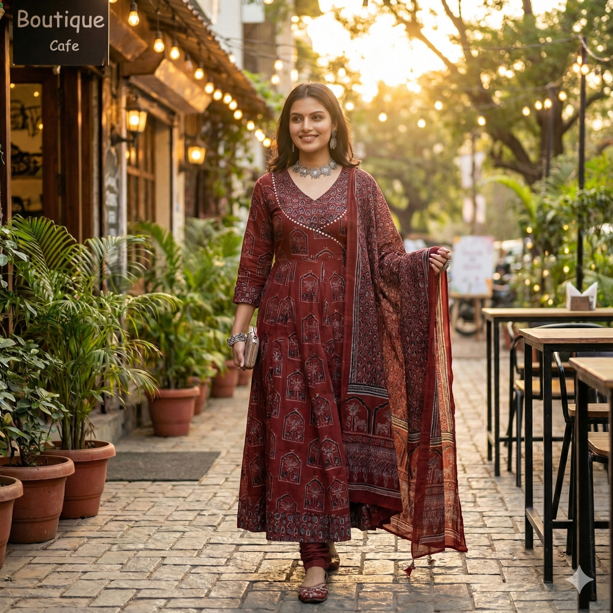 Maroon Block Print Anarkali Kurta Pant Dupatta Set for Women | Premium Cotton 3-Piece Ethnic Suit