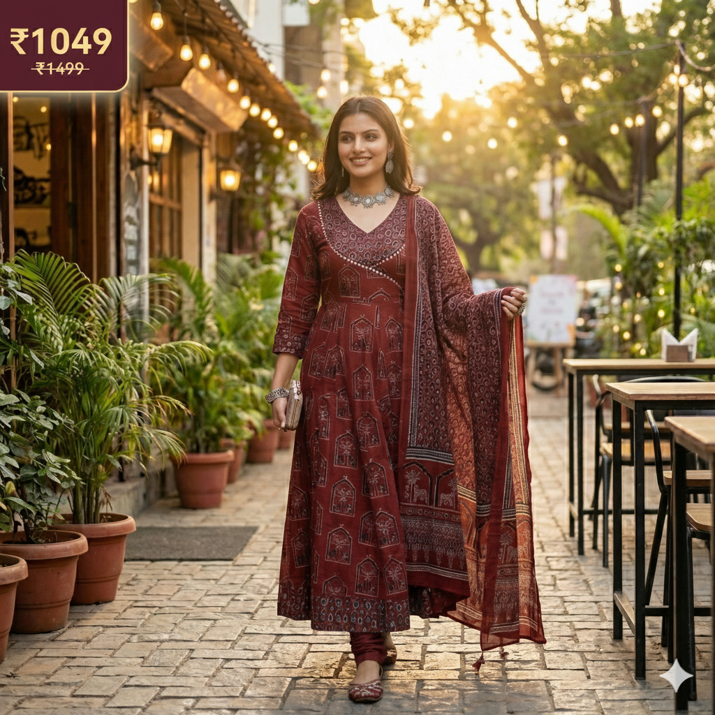 Maroon Block Print Anarkali Kurta Pant Dupatta Set for Women | Premium Cotton 3-Piece Ethnic Suit