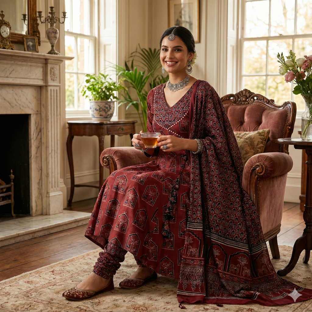 Maroon Block Print Anarkali Kurta Pant Dupatta Set for Women | Premium Cotton 3-Piece Ethnic Suit