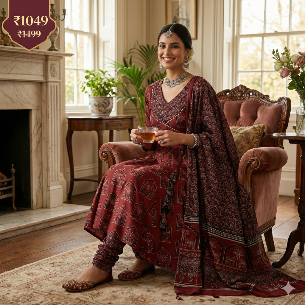 Maroon Block Print Anarkali Kurta Pant Dupatta Set for Women | Premium Cotton 3-Piece Ethnic Suit