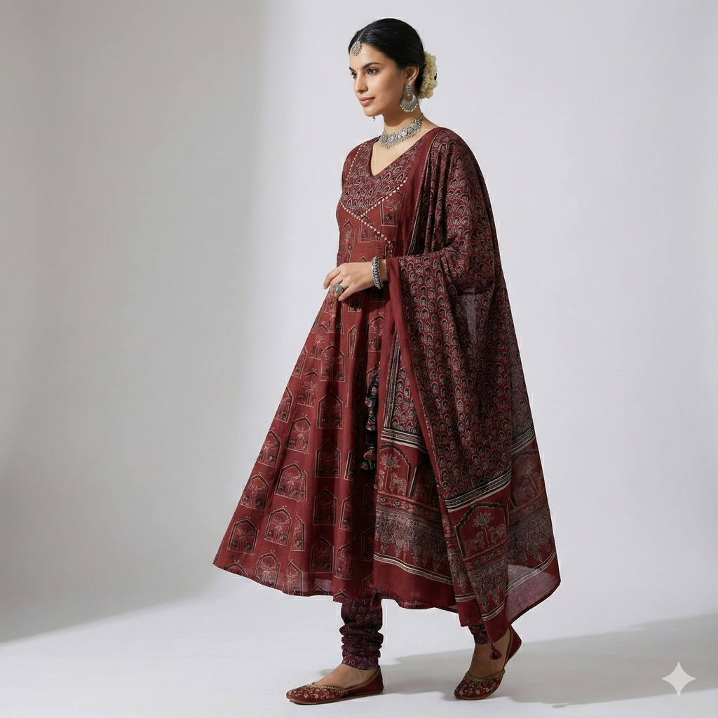 Maroon Block Print Anarkali Kurta Pant Dupatta Set for Women | Premium Cotton 3-Piece Ethnic Suit
