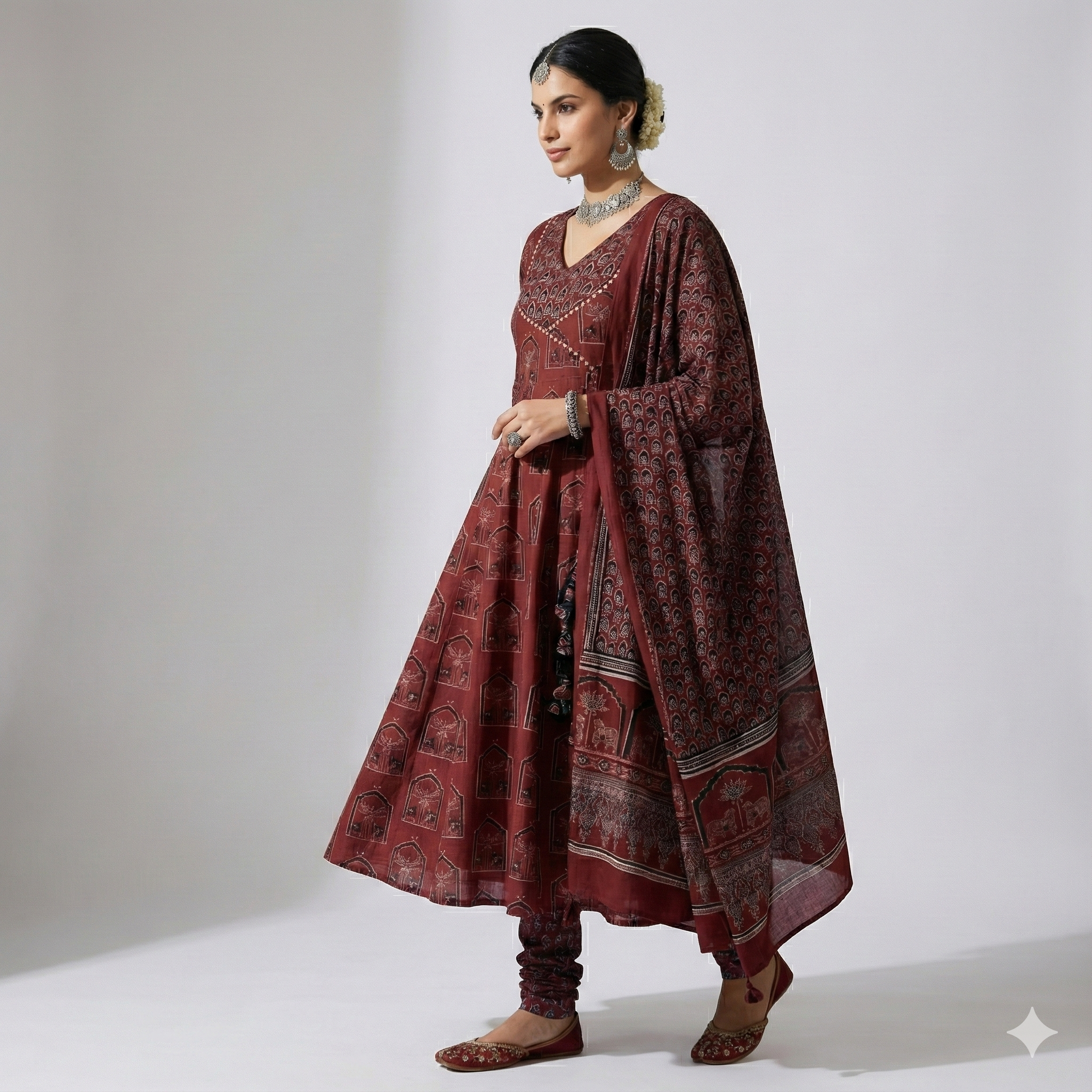Maroon Block Print Anarkali Kurta Pant Dupatta Set for Women | Premium Cotton 3-Piece Ethnic Suit