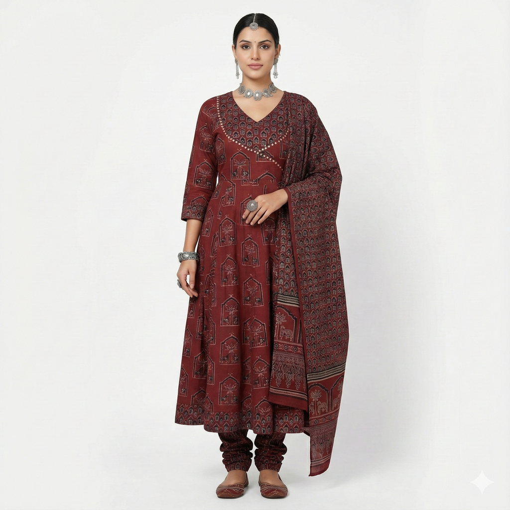 Maroon Block Print Anarkali Kurta Pant Dupatta Set for Women | Premium Cotton 3-Piece Ethnic Suit