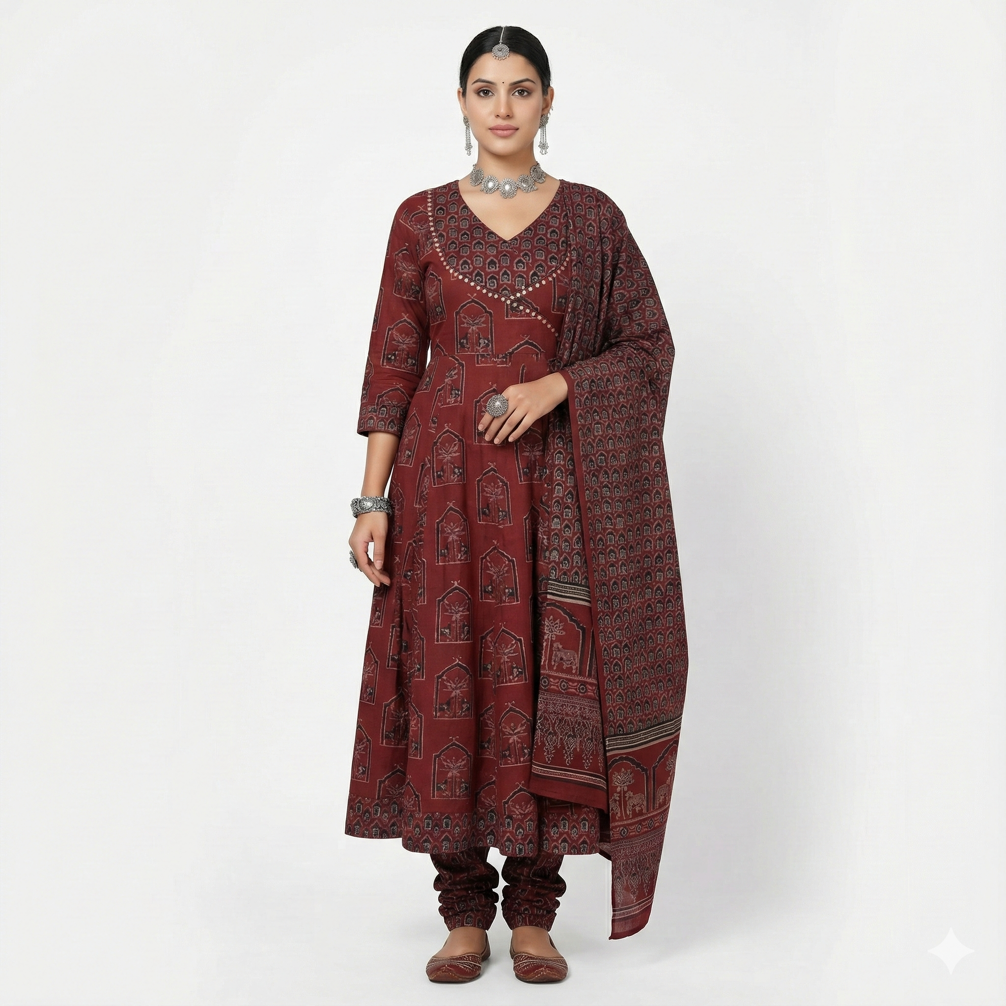 Maroon Block Print Anarkali Kurta Pant Dupatta Set for Women | Premium Cotton 3-Piece Ethnic Suit