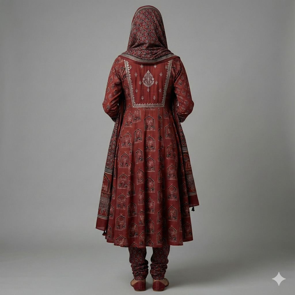 Maroon Block Print Anarkali Kurta Pant Dupatta Set for Women | Premium Cotton 3-Piece Ethnic Suit