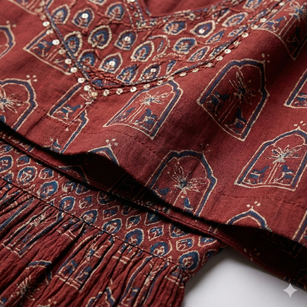 Maroon Block Print Anarkali Kurta Pant Dupatta Set for Women | Premium Cotton 3-Piece Ethnic Suit