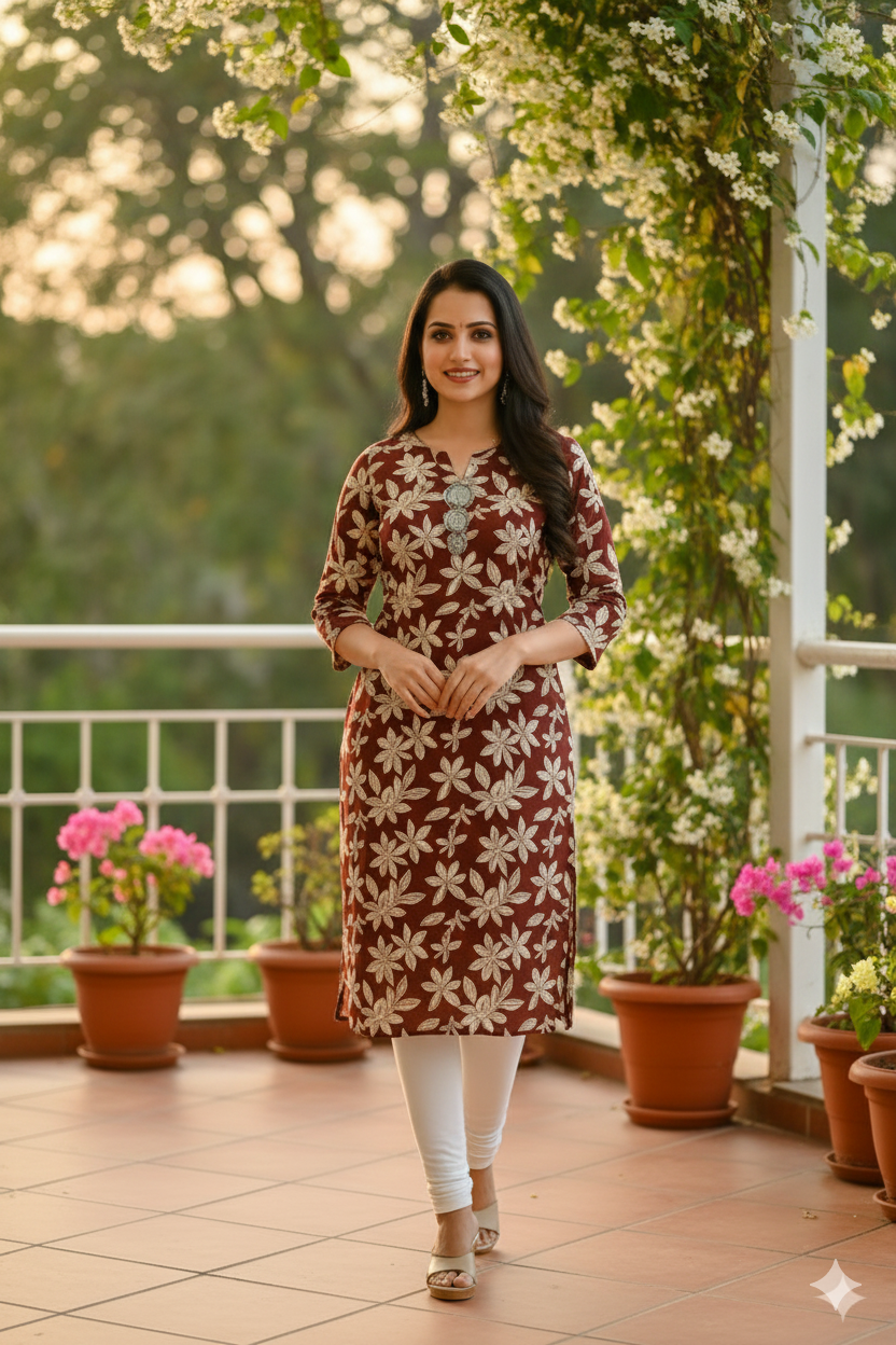 Maroon Floral Printed Straight Kurti with Mirror-Work Neckline – Soft Cotton Everyday Wear